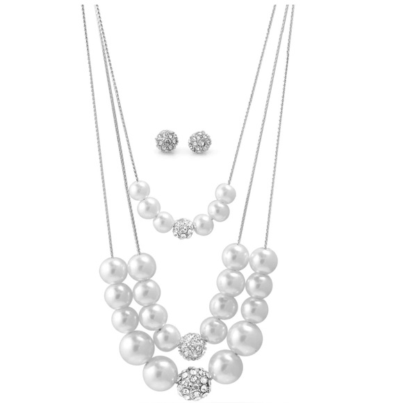Silver and White Pearl Crystal Necklace and Earrings Set - Picture 2 of 2